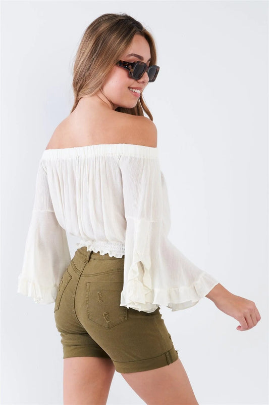 Natural Cream Off The Shoulder Butterfly Sleeve Crop Top /2-2-2 - Tasha Apparel Wholesale