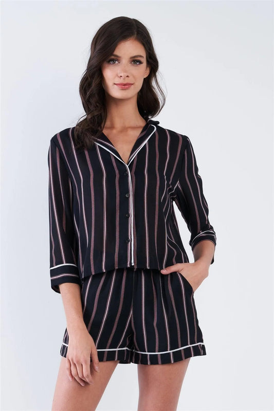 Black Stripe Chiffon Long Sleeve Button Top & Shorts Loungewear Set /2-2-2 - Tasha Apparel Wholesale