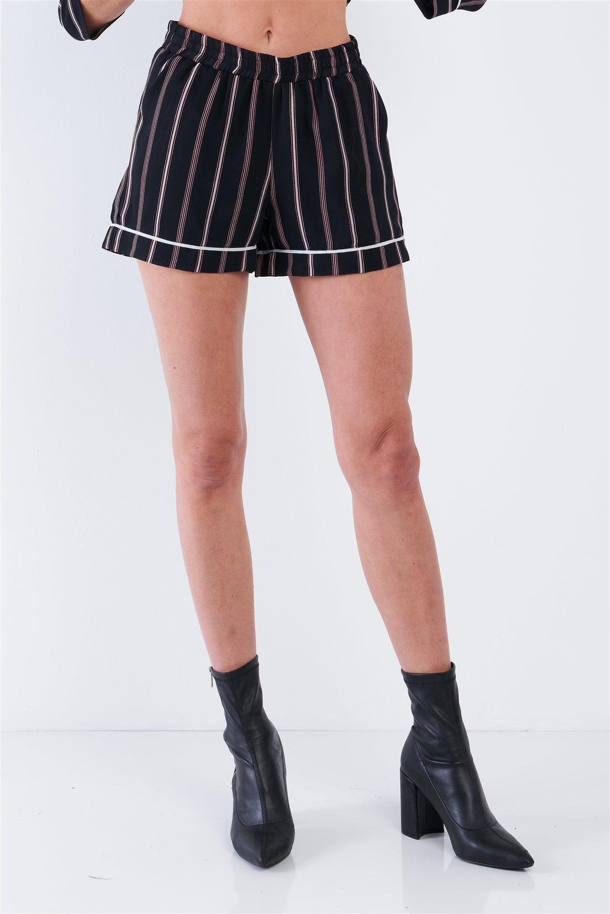 Black Stripe Chiffon Long Sleeve Button Top & Shorts Loungewear Set /2-2-2