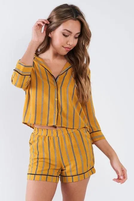 Mustard Stripe Chiffon Long Sleeve Button Top & Shorts Loungewear Set /2-2-2 - Tasha Apparel Wholesale