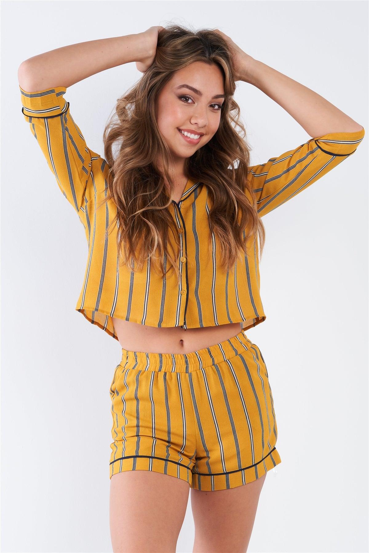 Mustard Stripe Chiffon Long Sleeve Button Top & Shorts Loungewear Set /2-2-2