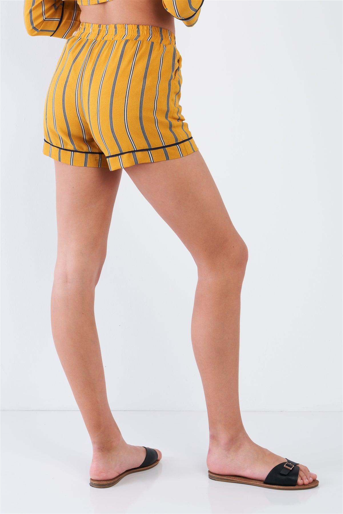 Mustard Stripe Chiffon Long Sleeve Button Top & Shorts Loungewear Set /2-2-2