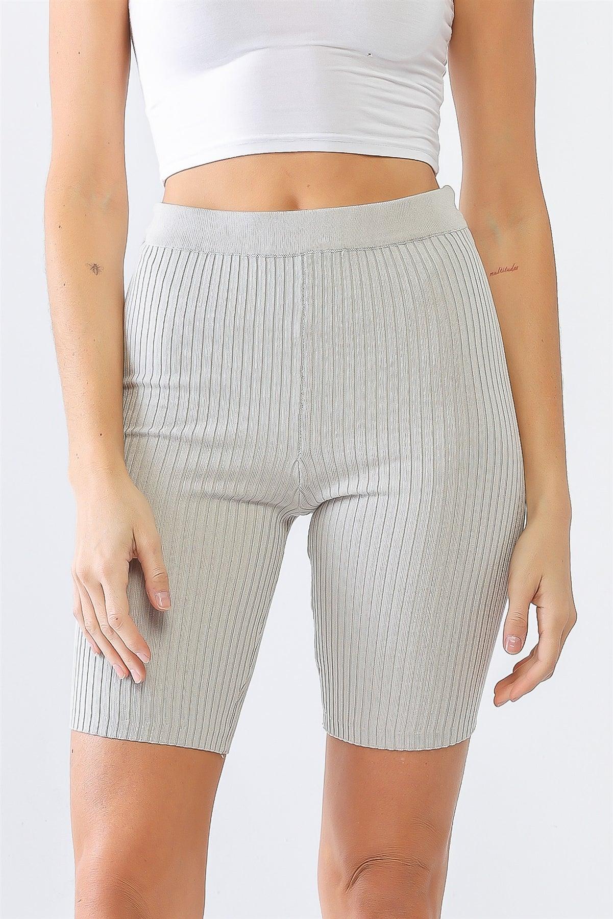 Silver Ribbed High Waist Slim Fit Stretchy Shorts /3-2-1