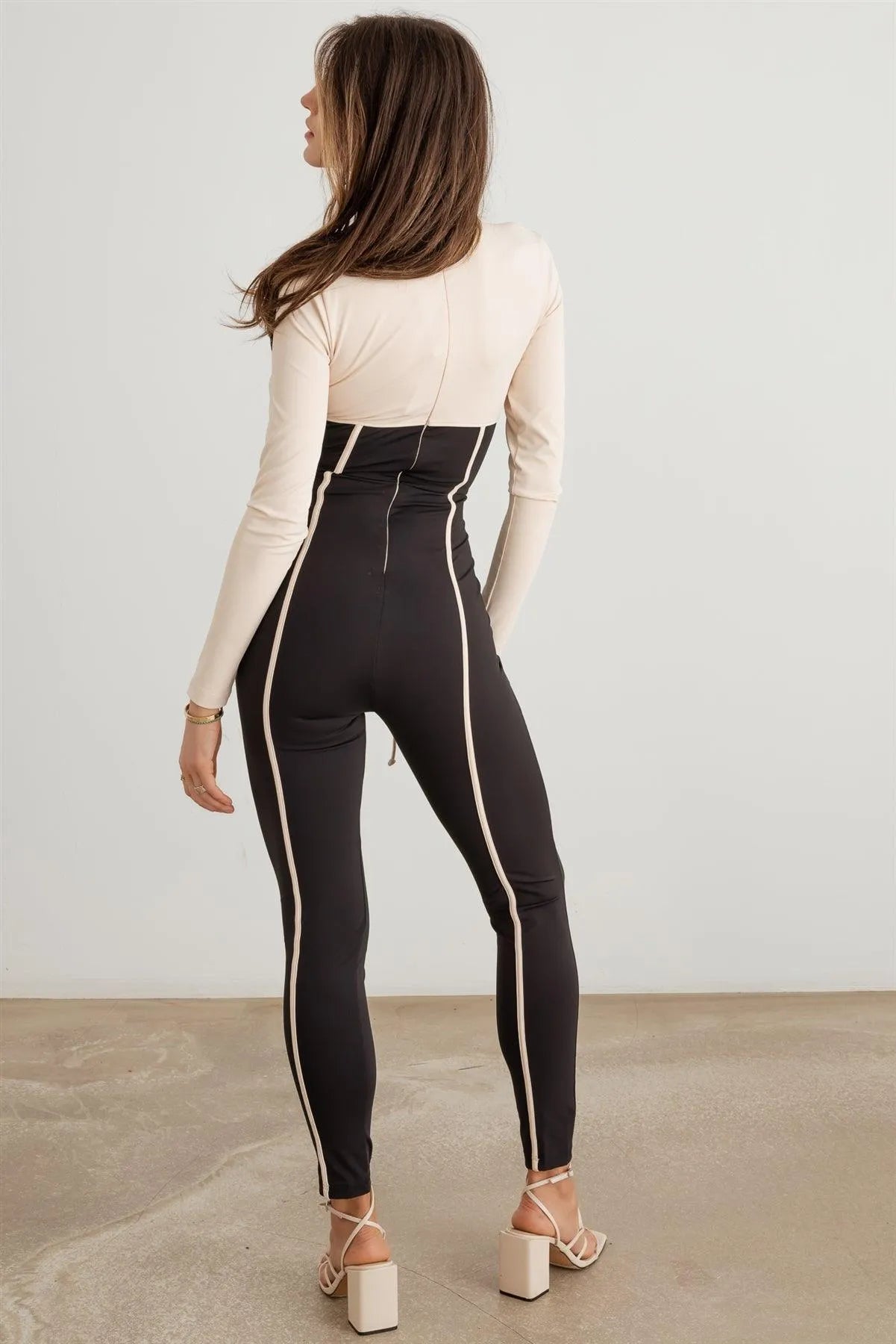 Contrast Stitch Lace-Up Long Sleeve Jumpsuit /3-2-1 - Tasha Apparel Wholesale