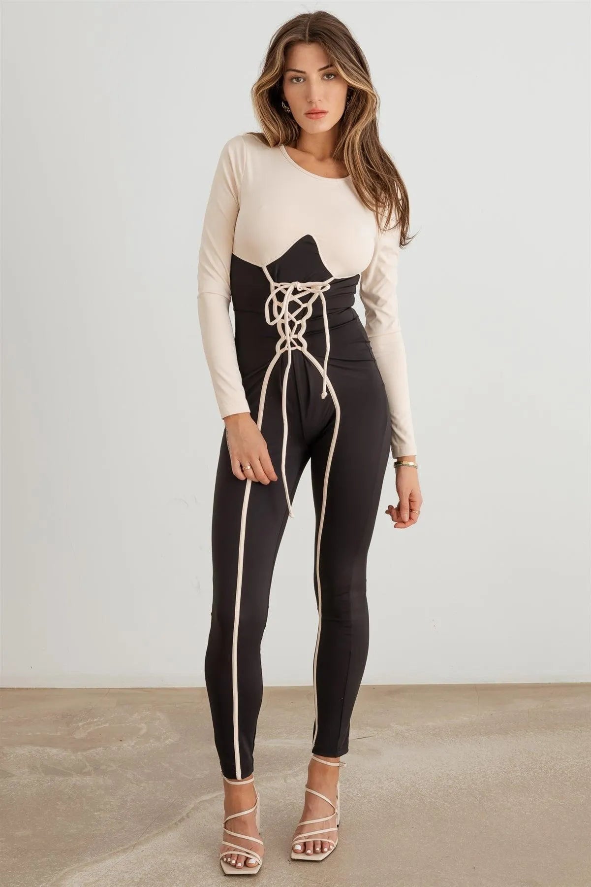 Contrast Stitch Lace-Up Long Sleeve Jumpsuit /3-2-1 - Tasha Apparel Wholesale