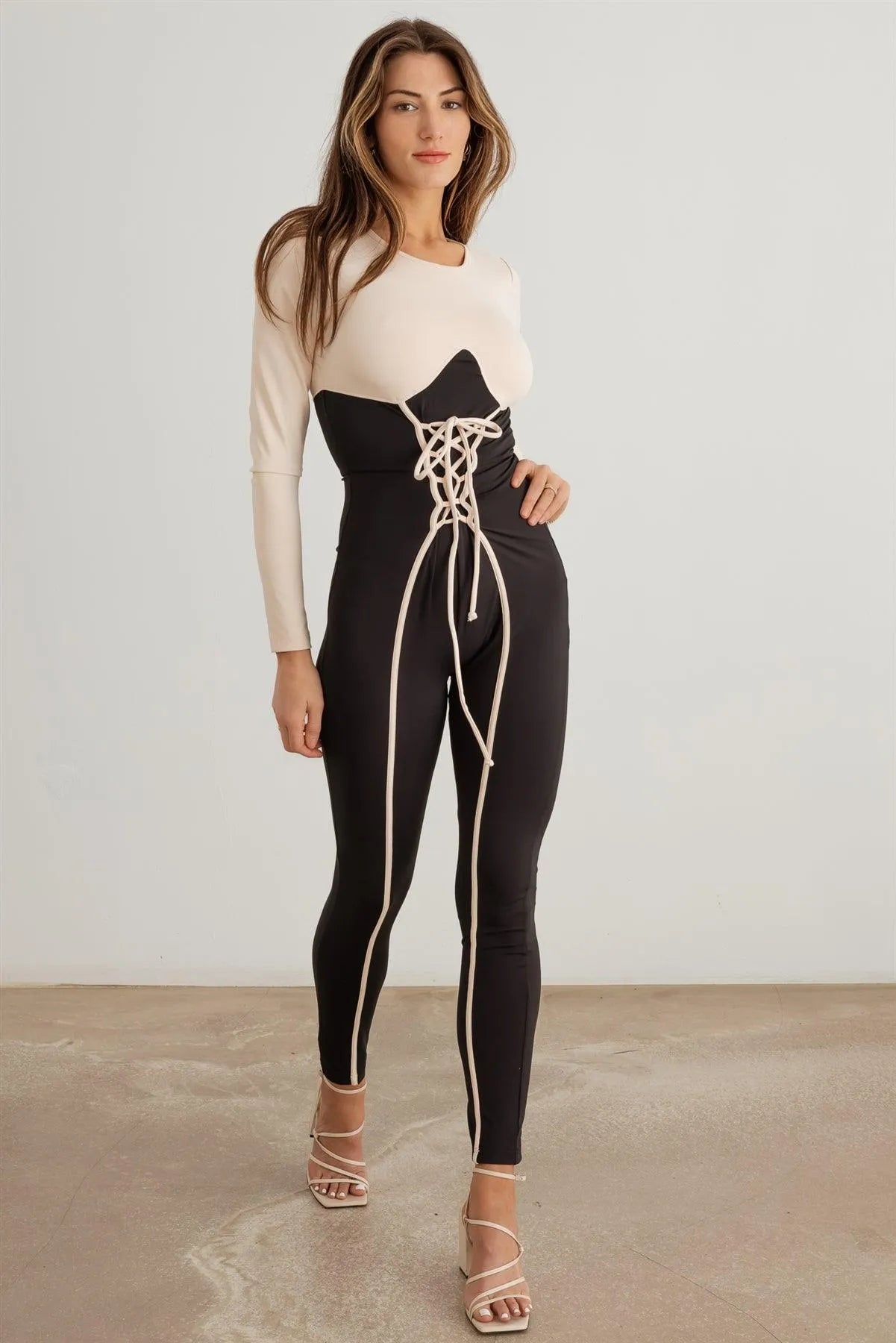 Contrast Stitch Lace-Up Long Sleeve Jumpsuit /3-2-1 - Tasha Apparel Wholesale