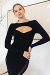 Black Cutout Bust Mesh Side Detail Long Sleeve Dress /1-1-1 - Tasha Apparel Wholesale