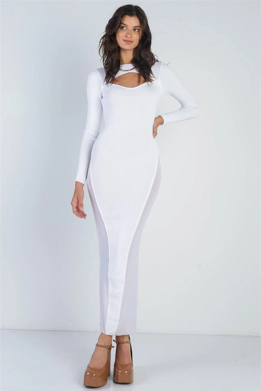 White Cutout Bust Mesh Side Detail Long Sleeve Dress /3-2-1 - Tasha Apparel Wholesale