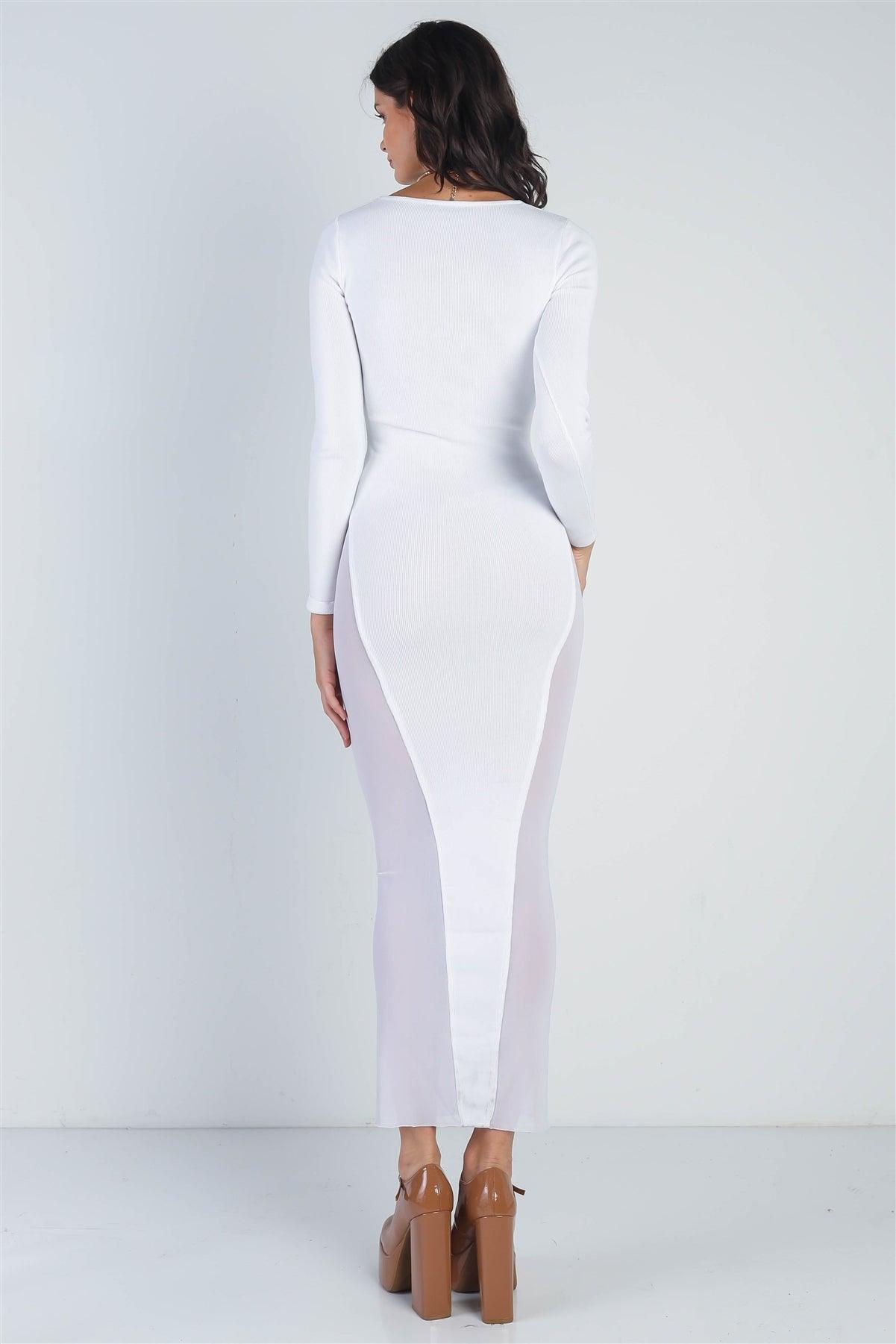 White Cutout Bust  Mesh Side Detail Long Sleeve Dress /3-2-1