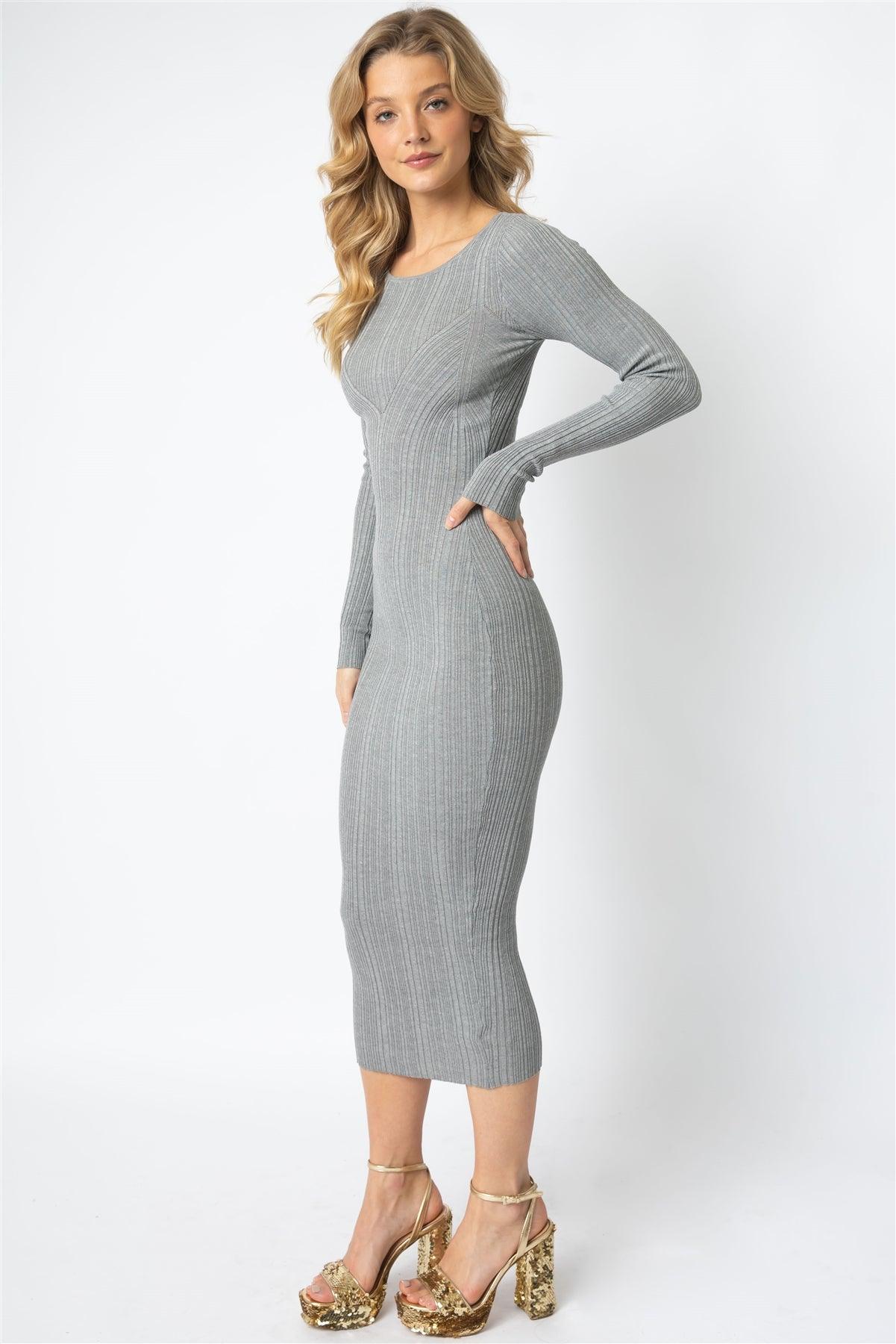 Grey Knit Textured Long Sleeve Slim Fit Midi Dress /3-2-1