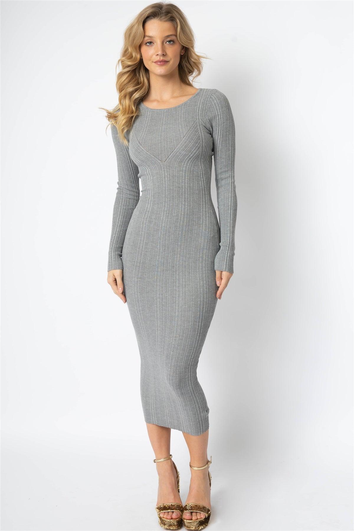 Grey Knit Textured Long Sleeve Slim Fit Midi Dress /3-2-1