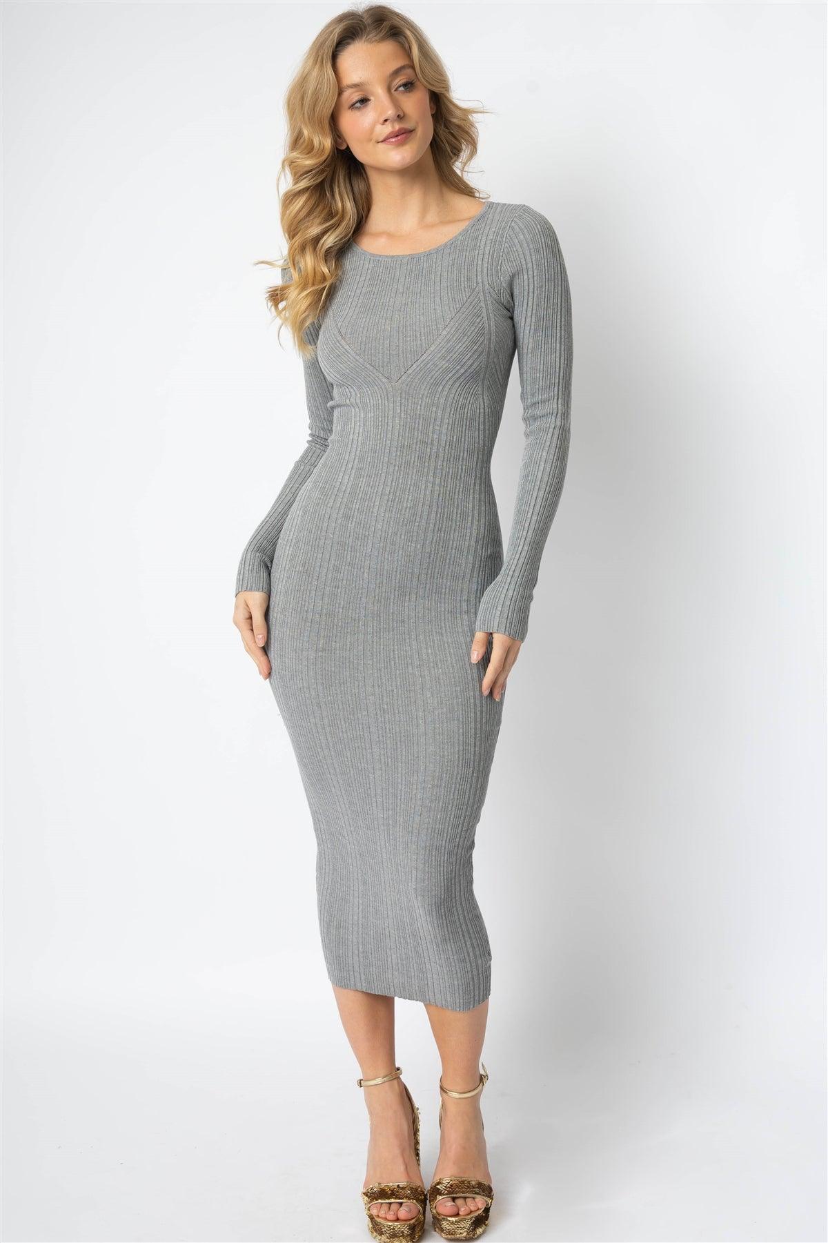 Grey Knit Textured Long Sleeve Slim Fit Midi Dress /1-2-3