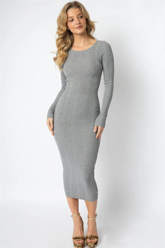 Grey Knit Textured Long Sleeve Slim Fit Midi Dress /1-2-3 - Tasha Apparel Wholesale