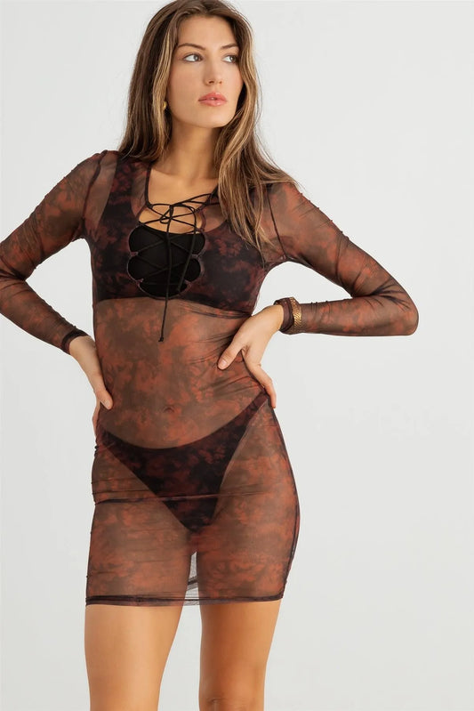 Abstract Mesh Lace-Up Neck Long Sleeve Mini Dress - Tasha Apparel Wholesale