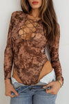 Abstract Mesh Lace-Up Long Sleeve Bodysuit - Tasha Apparel Wholesale