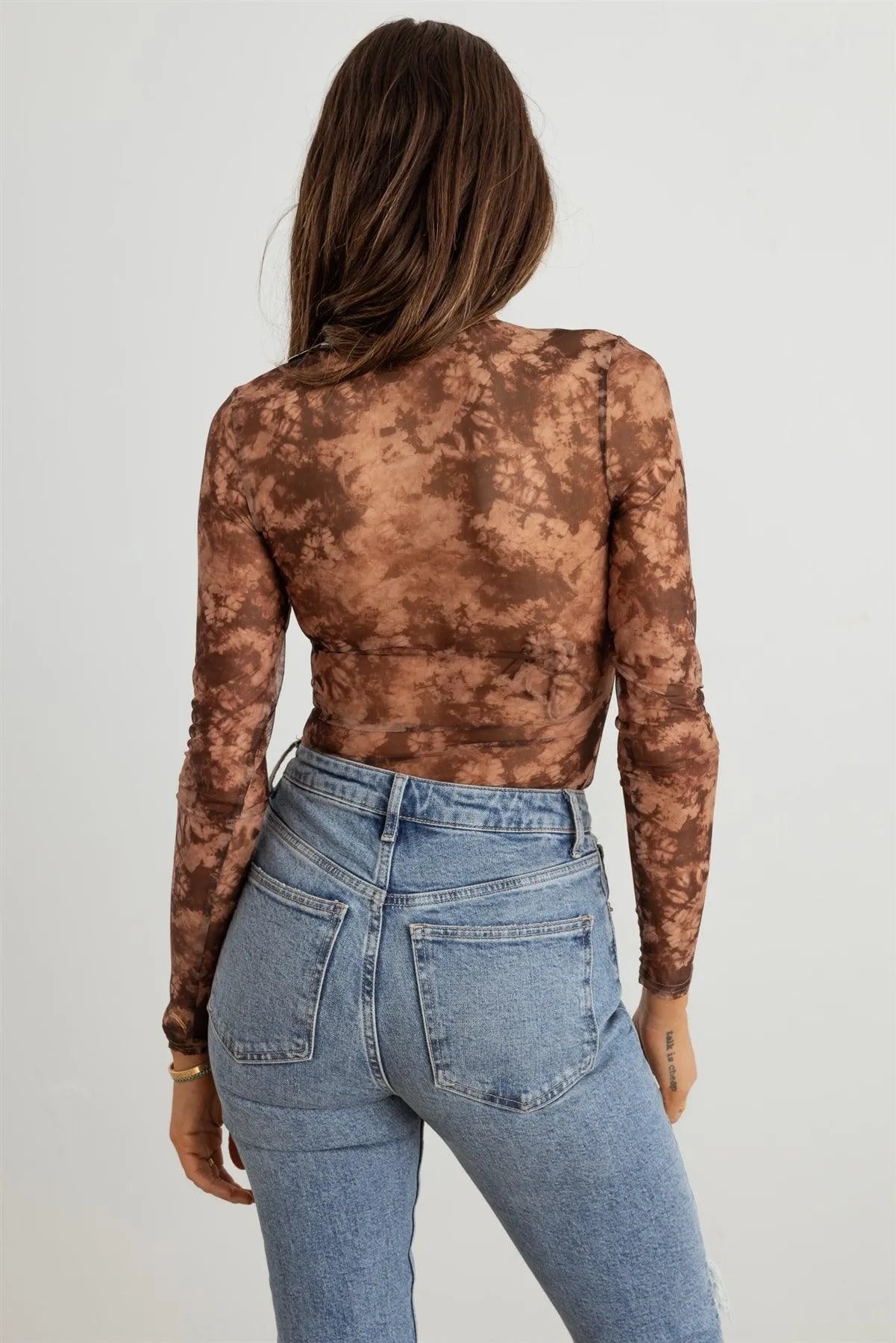 Abstract Mesh Lace-Up Long Sleeve Bodysuit - Tasha Apparel Wholesale