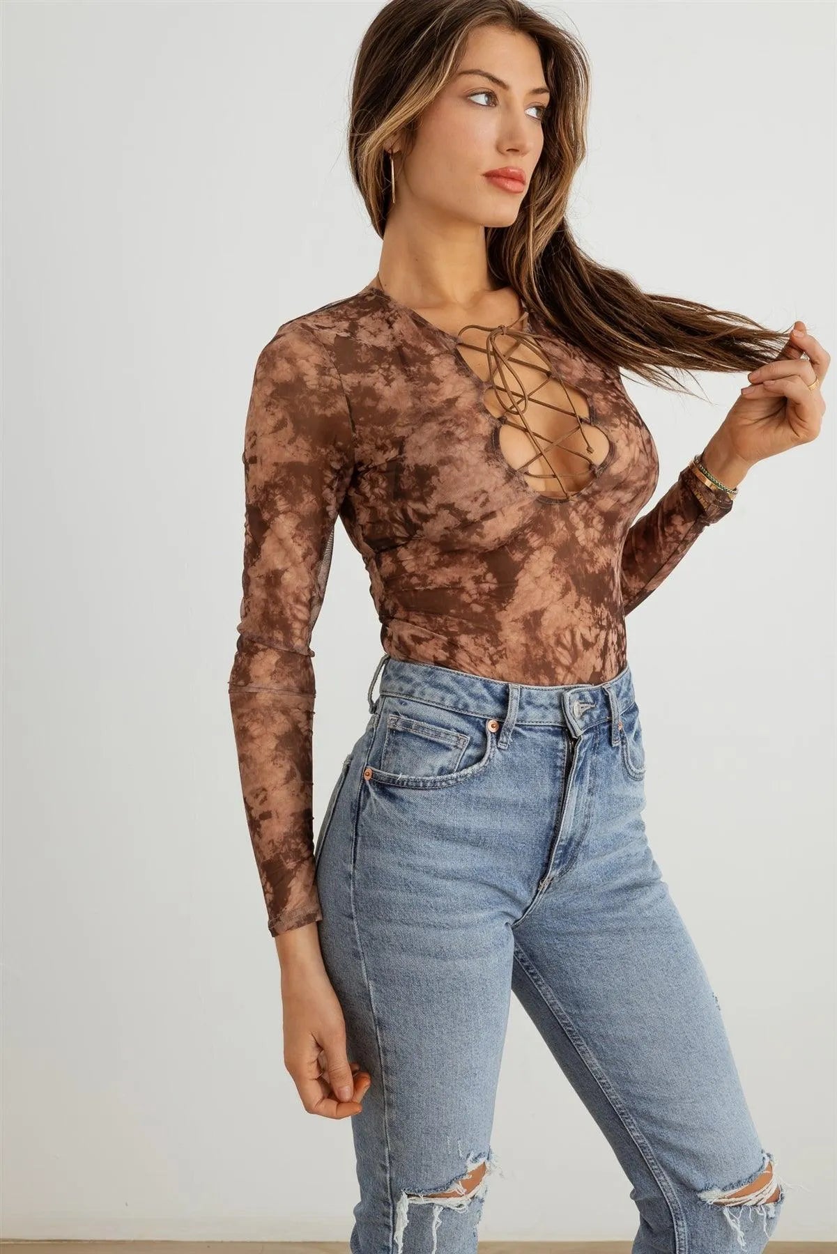 Abstract Mesh Lace-Up Long Sleeve Bodysuit - Tasha Apparel Wholesale