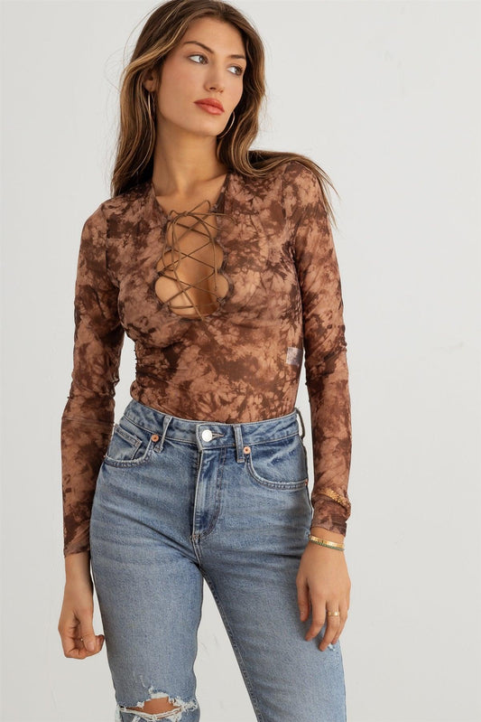 Mocha & Taupe Abstract Mesh Lace-Up Long Sleeve Bodysuit /3-2-1