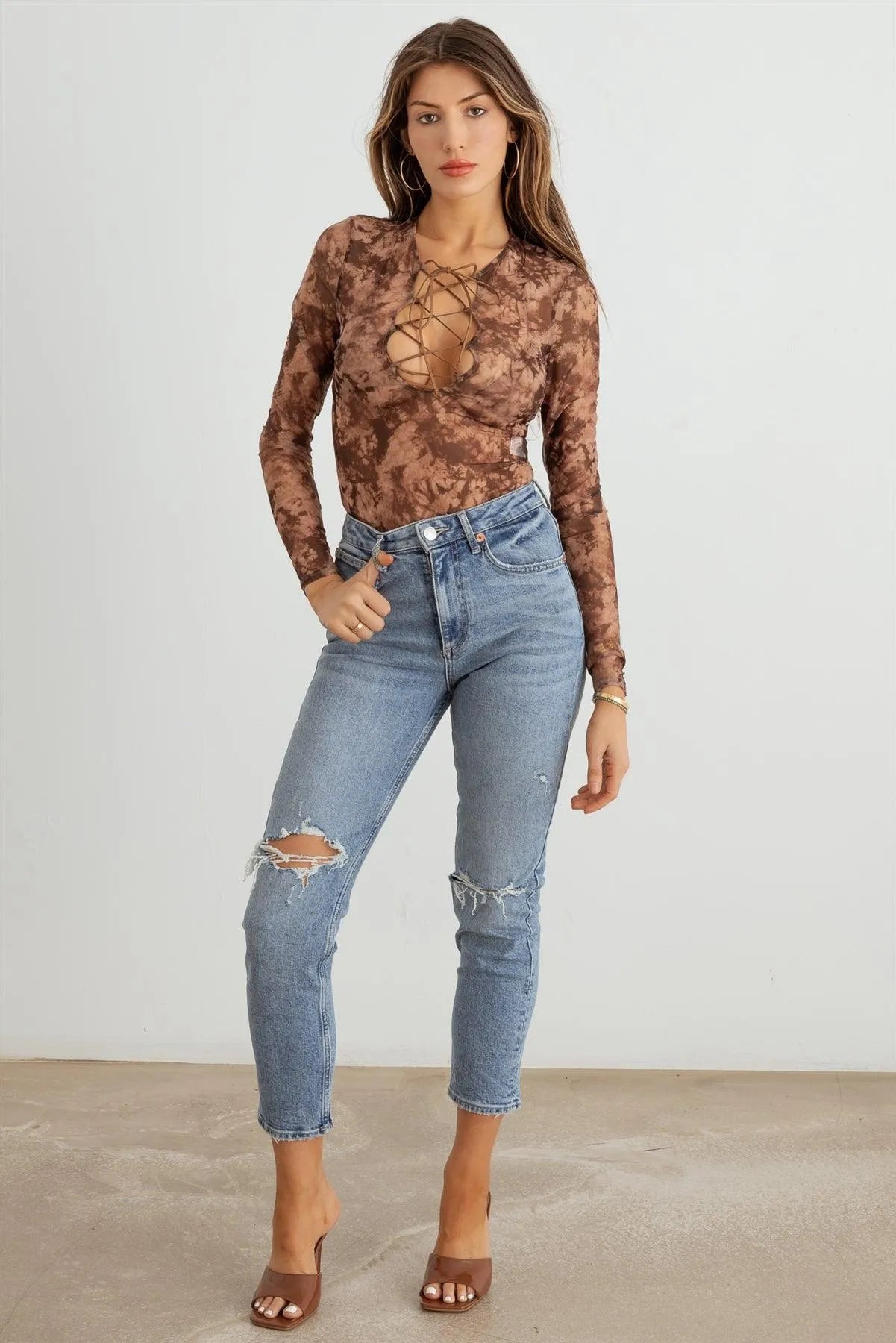 Abstract Mesh Lace-Up Long Sleeve Bodysuit - Tasha Apparel Wholesale