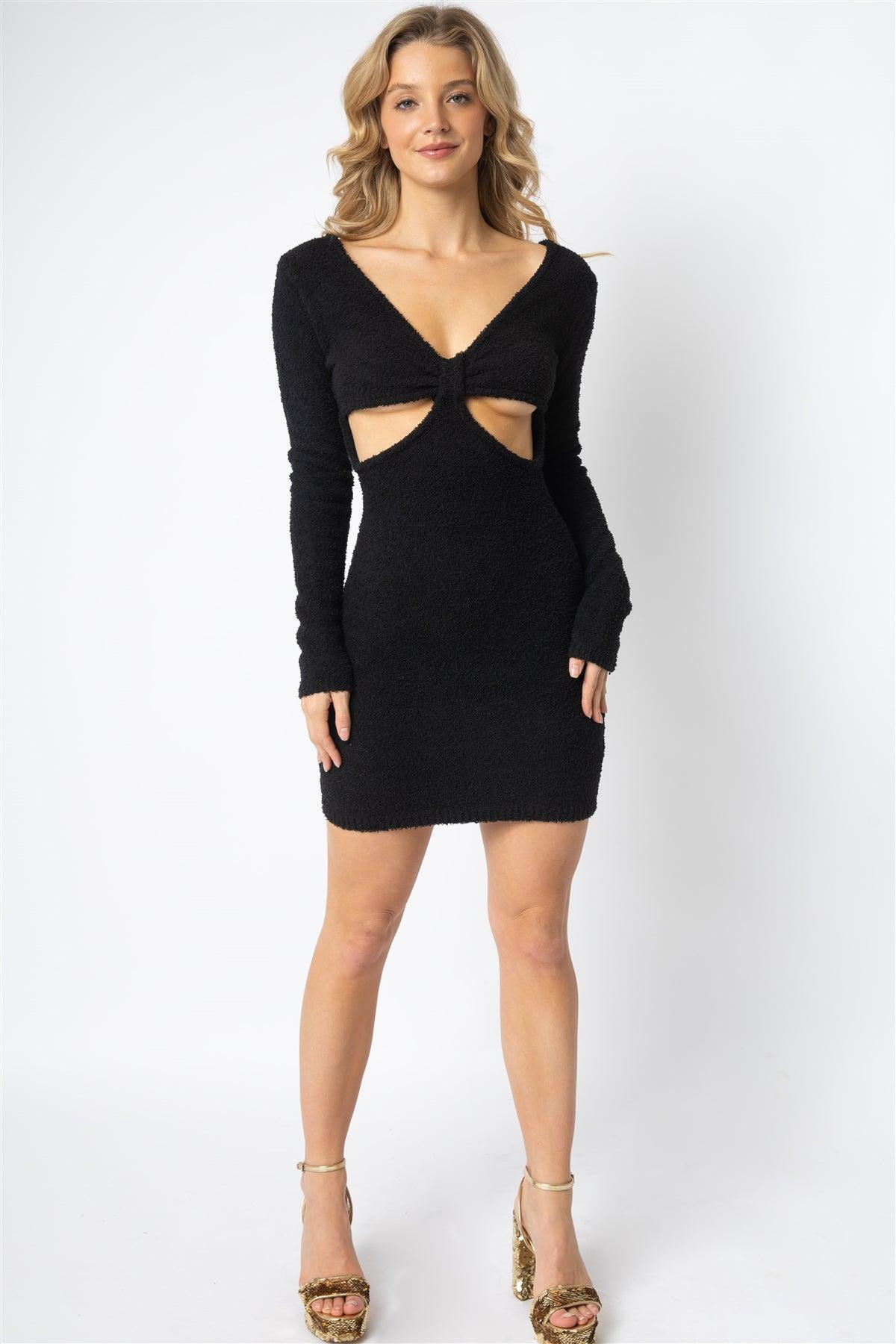 Black Fluffy Bowl Cutout Detail Long Sleeve Mini Dress /3-2-1