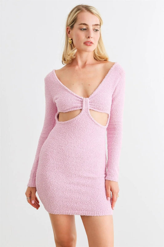 Pink Fluffy Bow Cutout Detail Long Sleeve Mini Dress - Tasha Apparel Wholesale