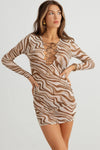 Mocha Abstract Mesh Lace-Up Neck Long Sleeve Mini Dress - Tasha Apparel Wholesale