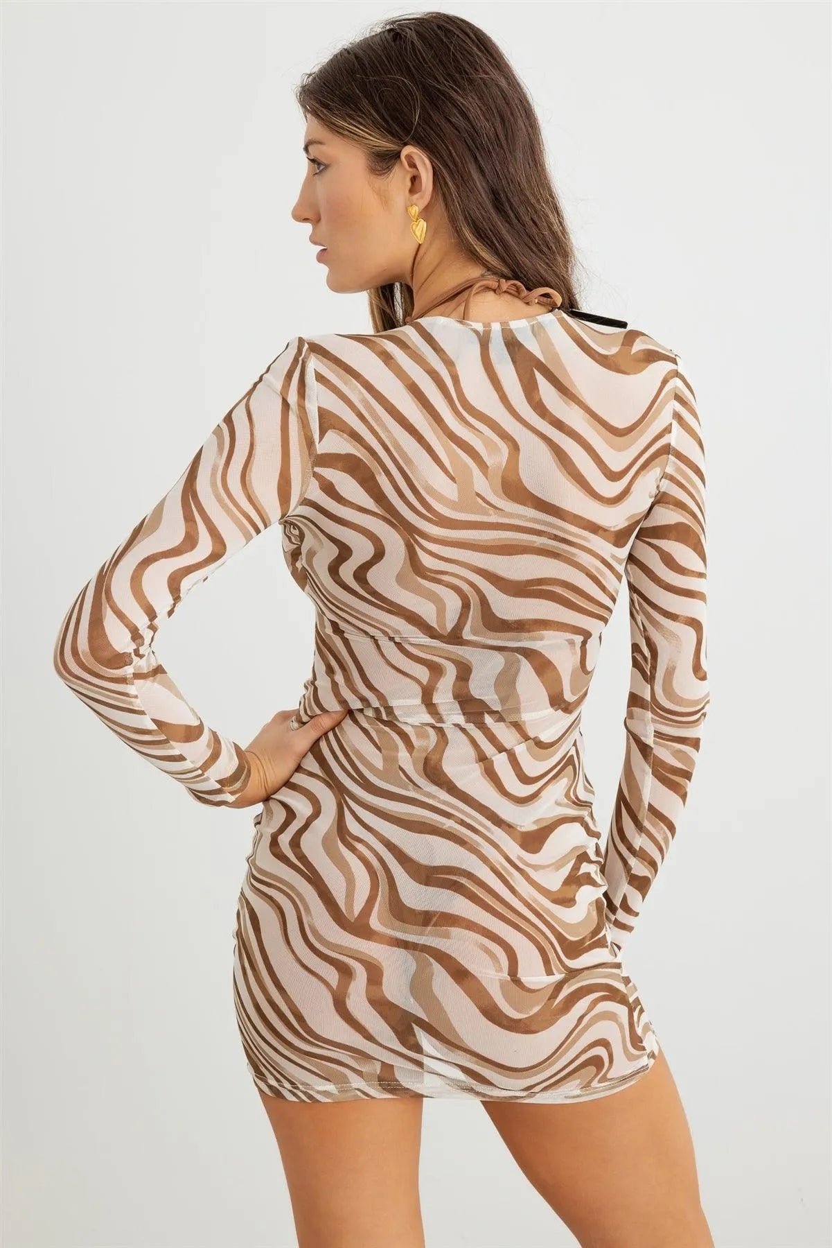 Mocha Abstract Mesh Lace-Up Neck Long Sleeve Mini Dress - Tasha Apparel Wholesale