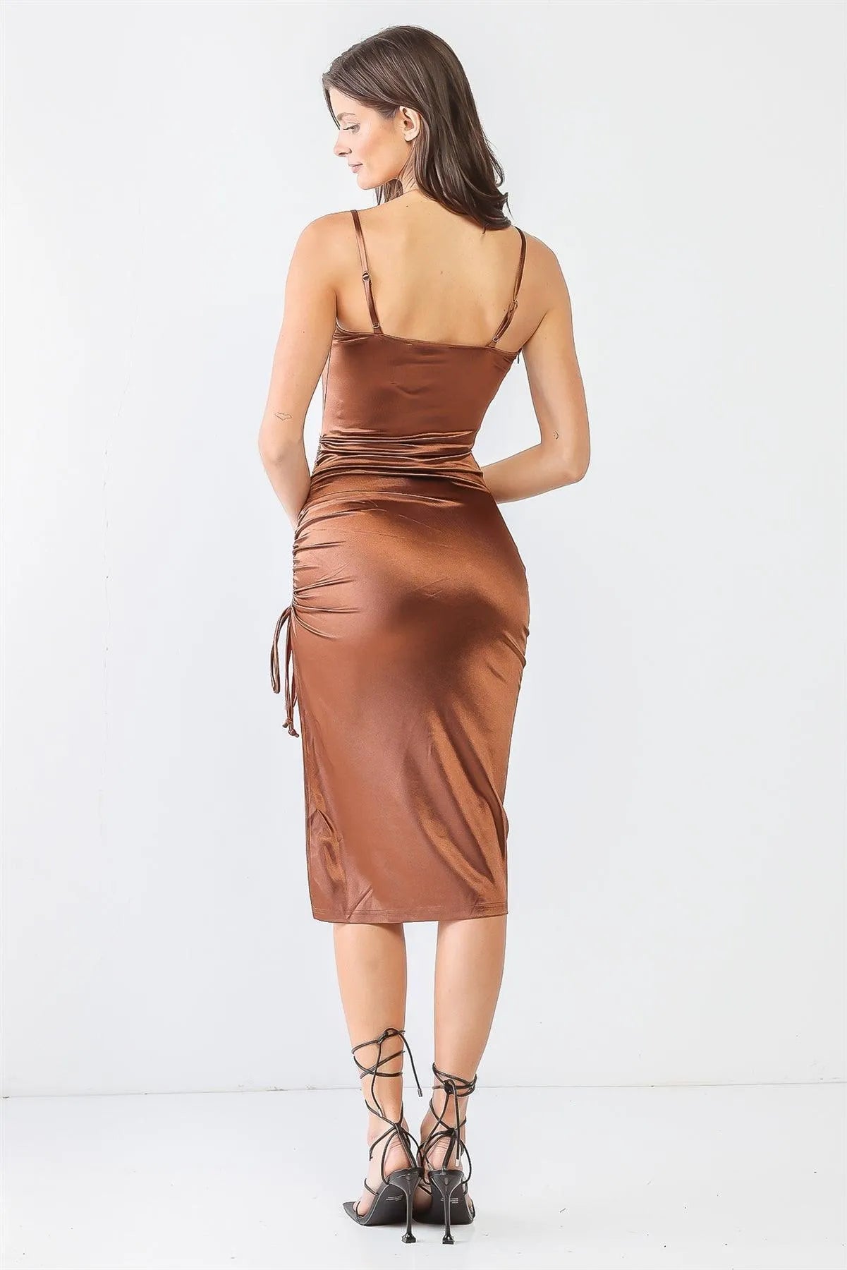 Wholesale Satin Square Neck-Line Strappy Ruched Midi Dress