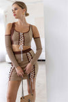 Coco Milk Coffee Stone Brown Knit Colorblock Lace Down Top Skirt Set /3-2-1