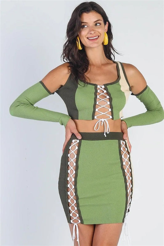 Olive Green Taupe Knit Colorblock Lace Down Top & Skirt Set /3-2-1 - Tasha Apparel Wholesale