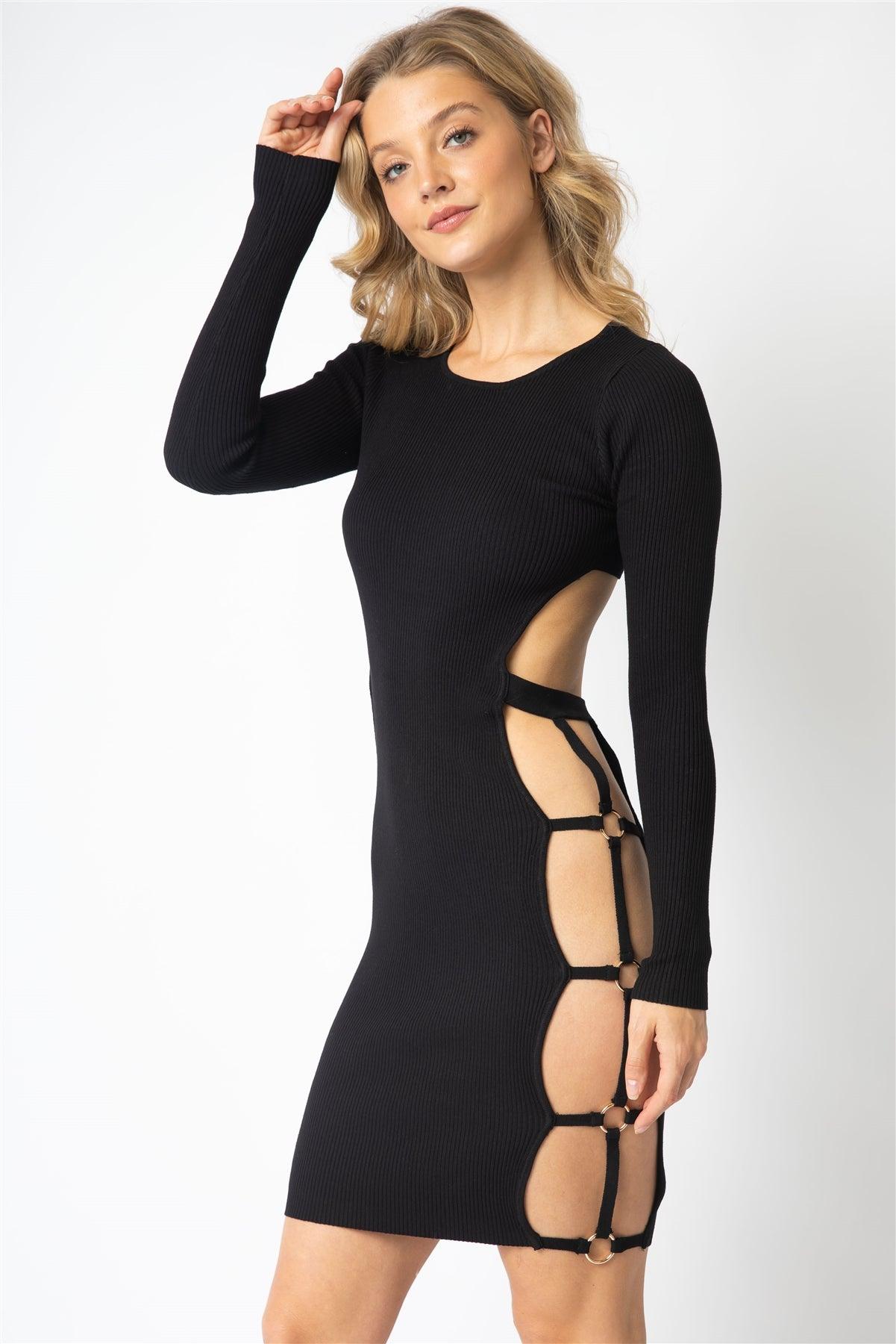 Black Knit Ribbed Side Cut-Out With Gold Tone Accent Ring Open Back Mini Dress /3-2-1