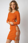 Orange-Rust Knit Ribbed Side Cut-Out With Gold Tone Accent Ring Open Back Midi Dress /1-1-1