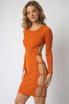 Orange-Rust Knit Ribbed Side Cut-Out With Gold Tone Accent Ring Open Back Midi Dress /3-1-2