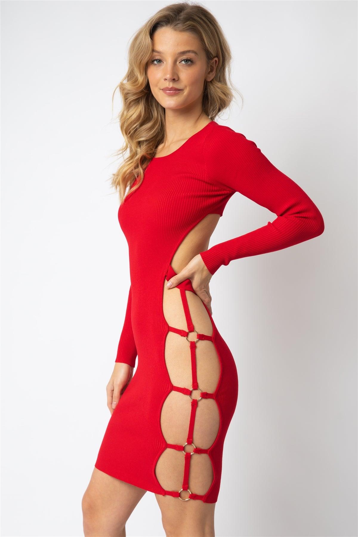 Red Knit Ribbed Side Cut-Out With Gold Tone Accent Ring Open Back Mini Dress /3-2-1