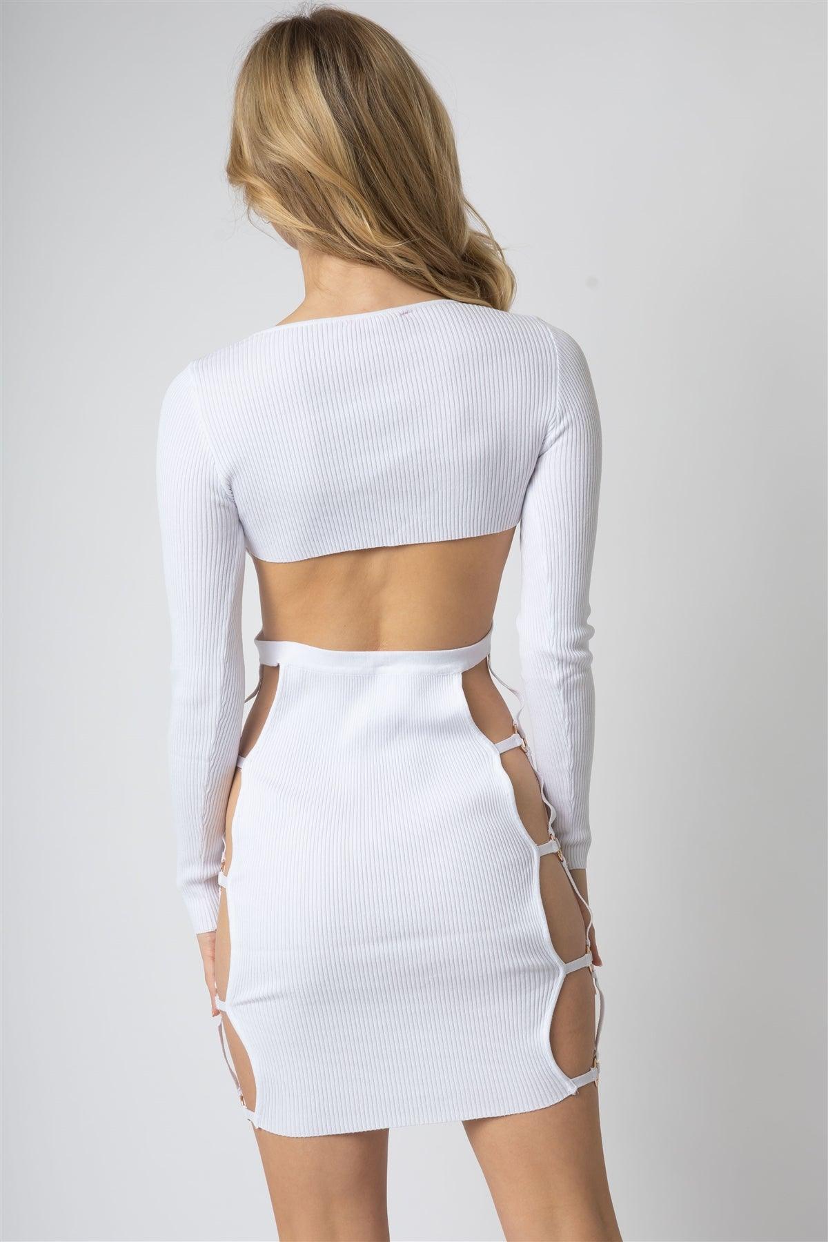 White  Knit Ribbed Side Cut-Out With Gold Tone Accent Ring Open Back Mini Dress /3-2-1
