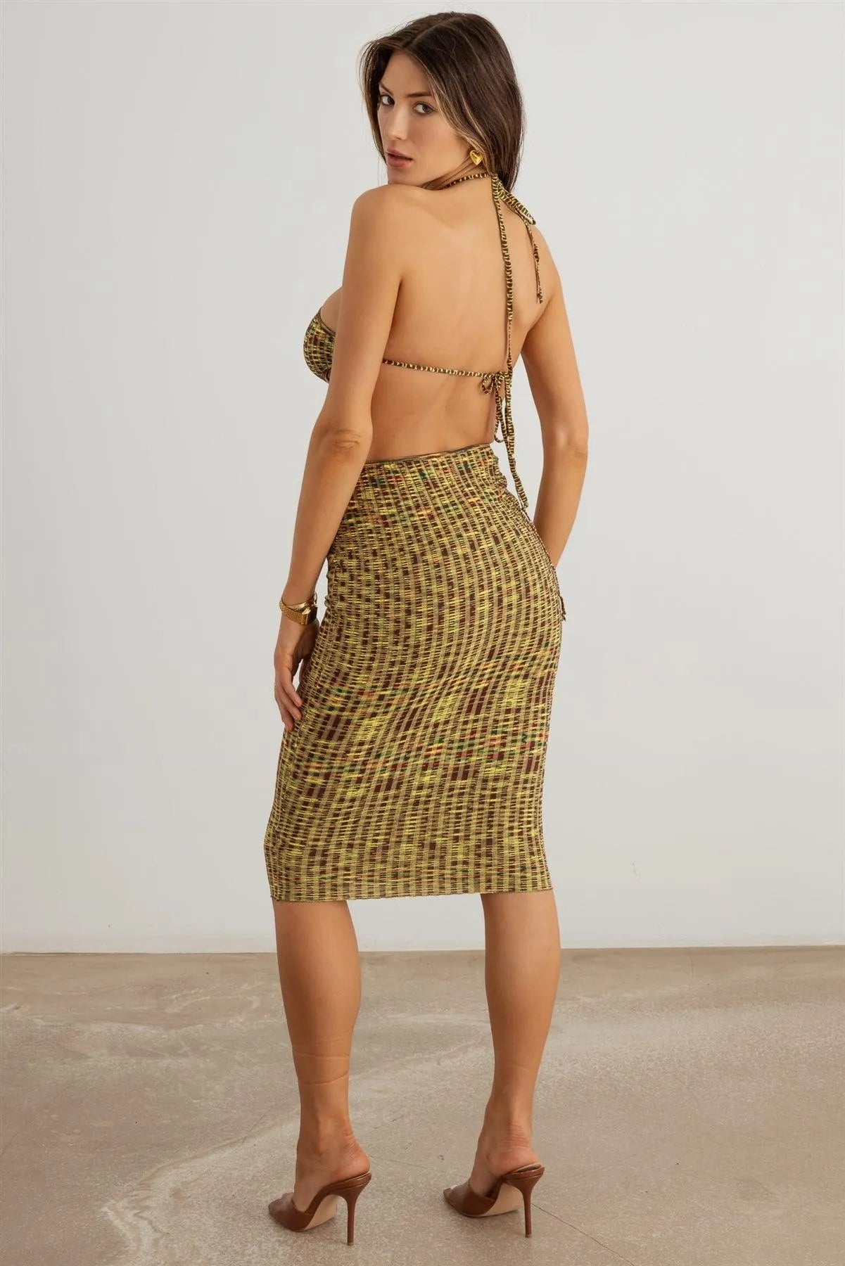 Abstract Ribbed O-Ring Halter Neck Cut-Out Midi Dress - Tasha Apparel Wholesale