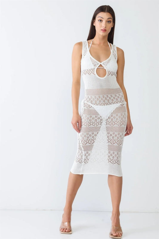 White Knit Crochet Lace Sheer Cut-Out Sleeveless Midi Dress /2-1-1 - Tasha Apparel Wholesale