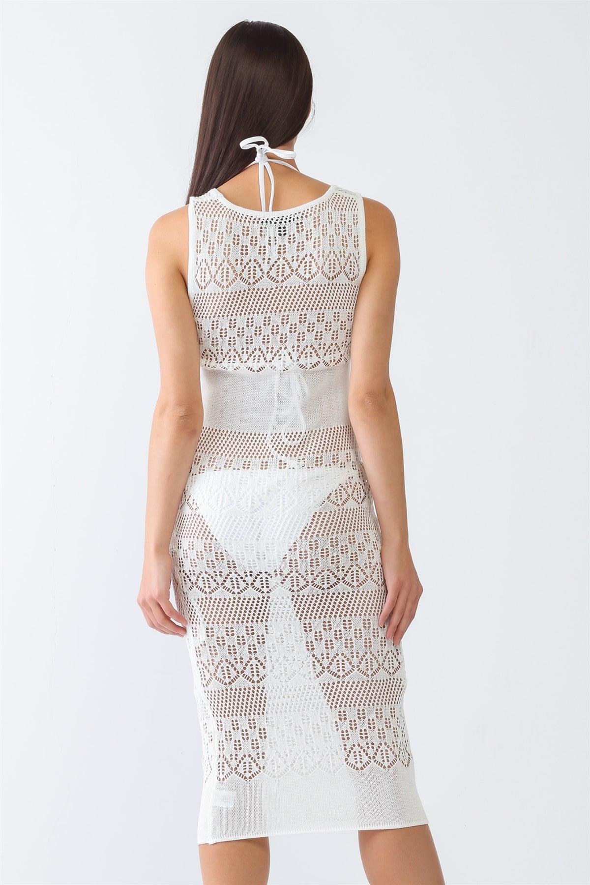 White Knit Crochet Lace Sheer Cut-Out Sleeveless Midi Dress /2-1-1