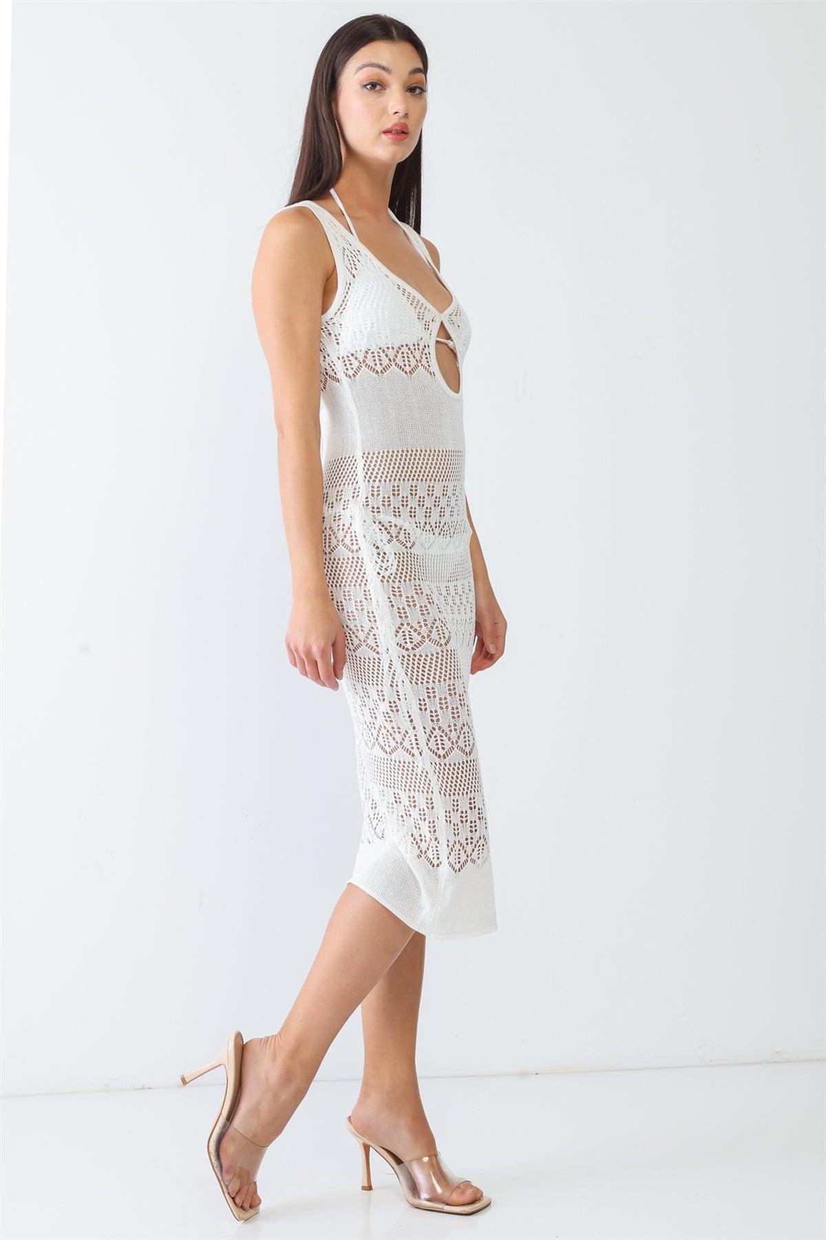 White Knit Crochet Lace Sheer Cut-Out Sleeveless Midi Dress /2-1-1