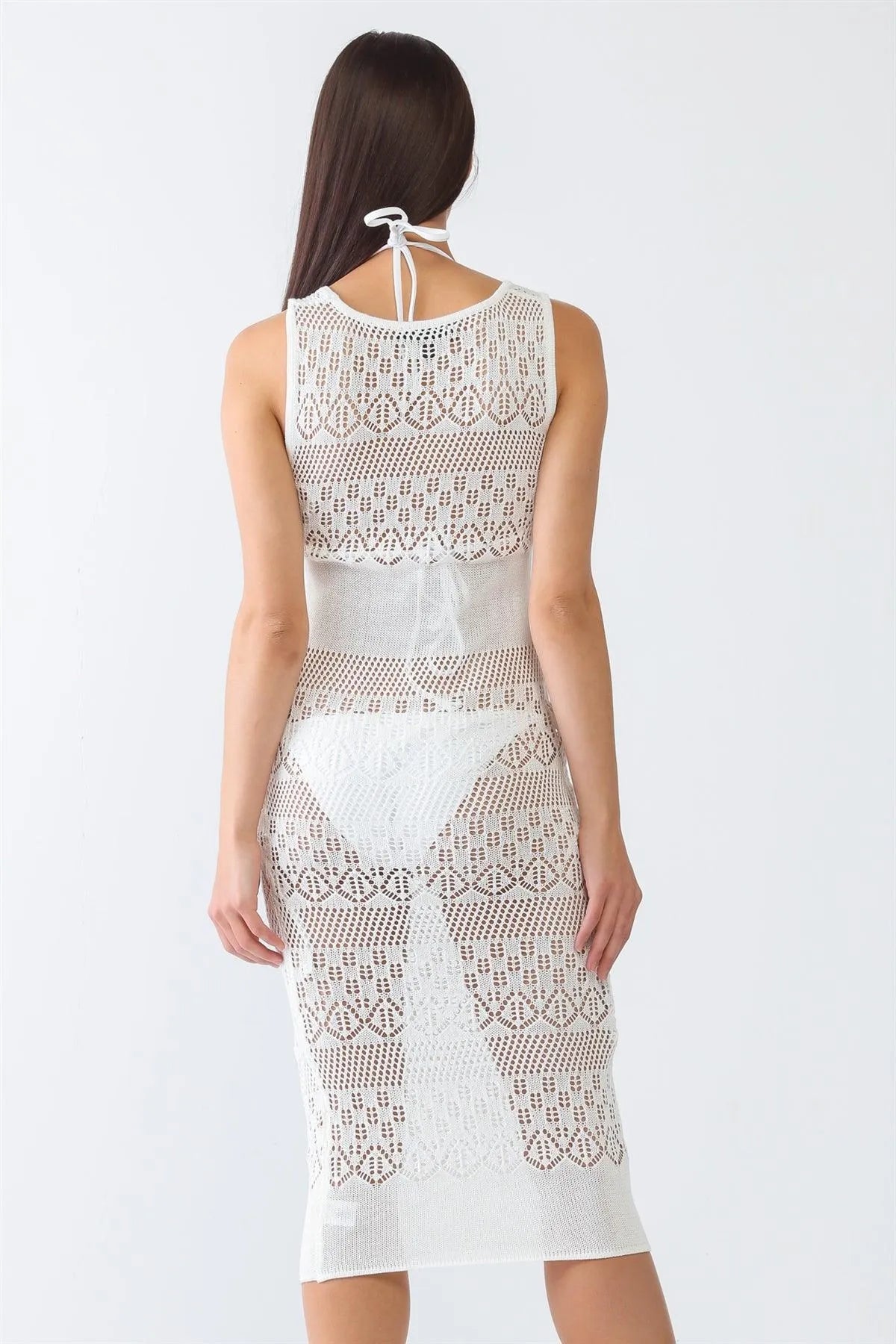 White Knit Crochet Lace Sheer Cut-Out Sleeveless Midi Dress /3-2-1 - Tasha Apparel Wholesale
