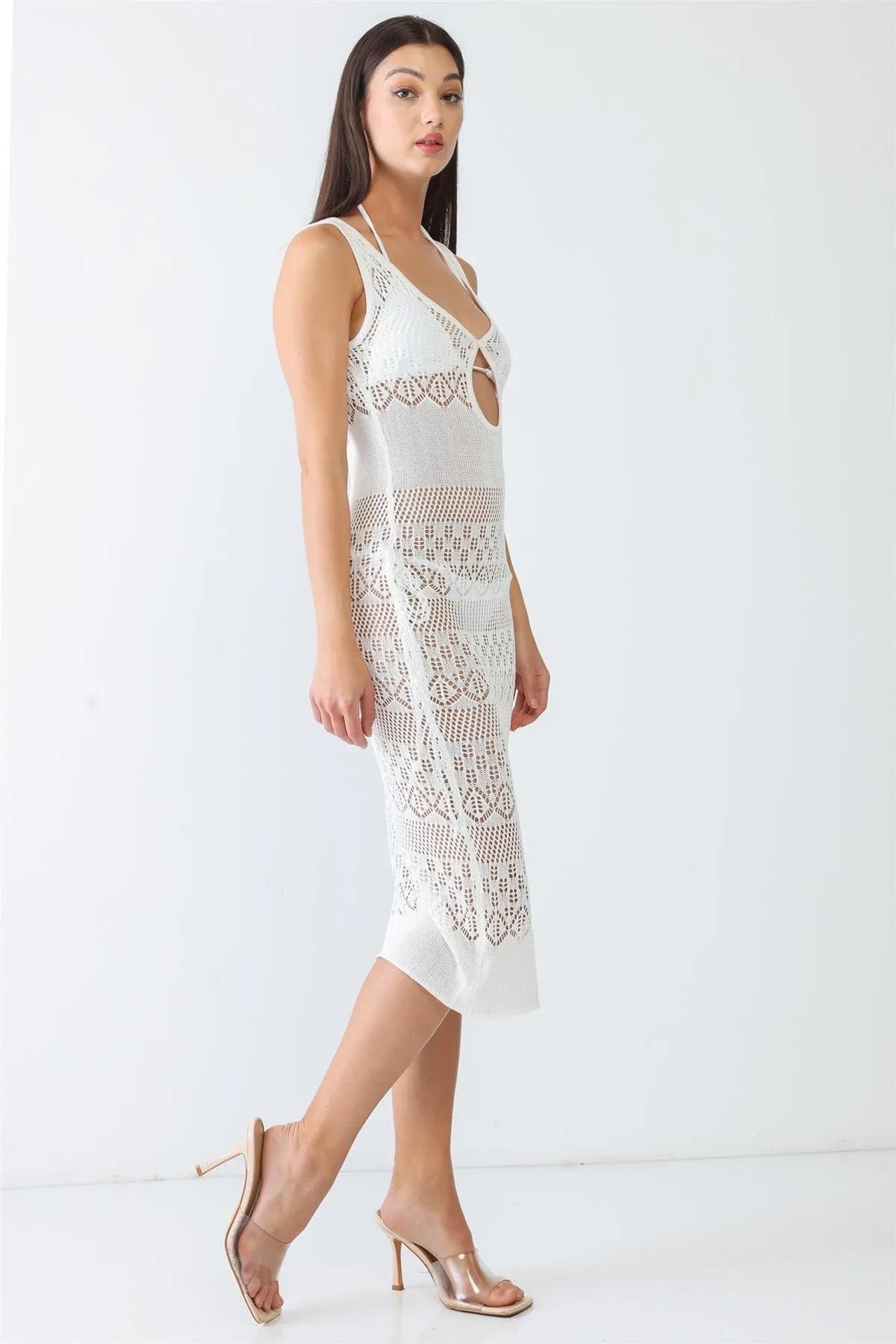 White Knit Crochet Lace Sheer Cut-Out Sleeveless Midi Dress /3-2-1 - Tasha Apparel Wholesale