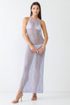 Lavender Knit Crochet Lace Sheer Sleeveless Halter Neck Open Back Maxi Dress /3-2-1