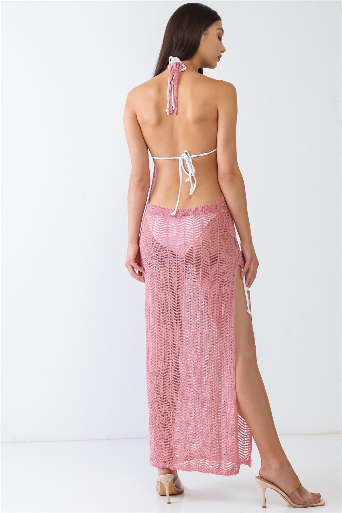 Mauve Knit Crochet Lace Sheer Sleeveless Halter Neck Open Back Maxi Dress /3-2-1