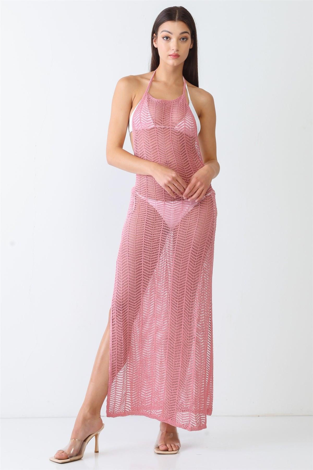 Mauve Knit Crochet Lace Sheer Sleeveless Halter Neck Open Back Maxi Dress /3-2-1