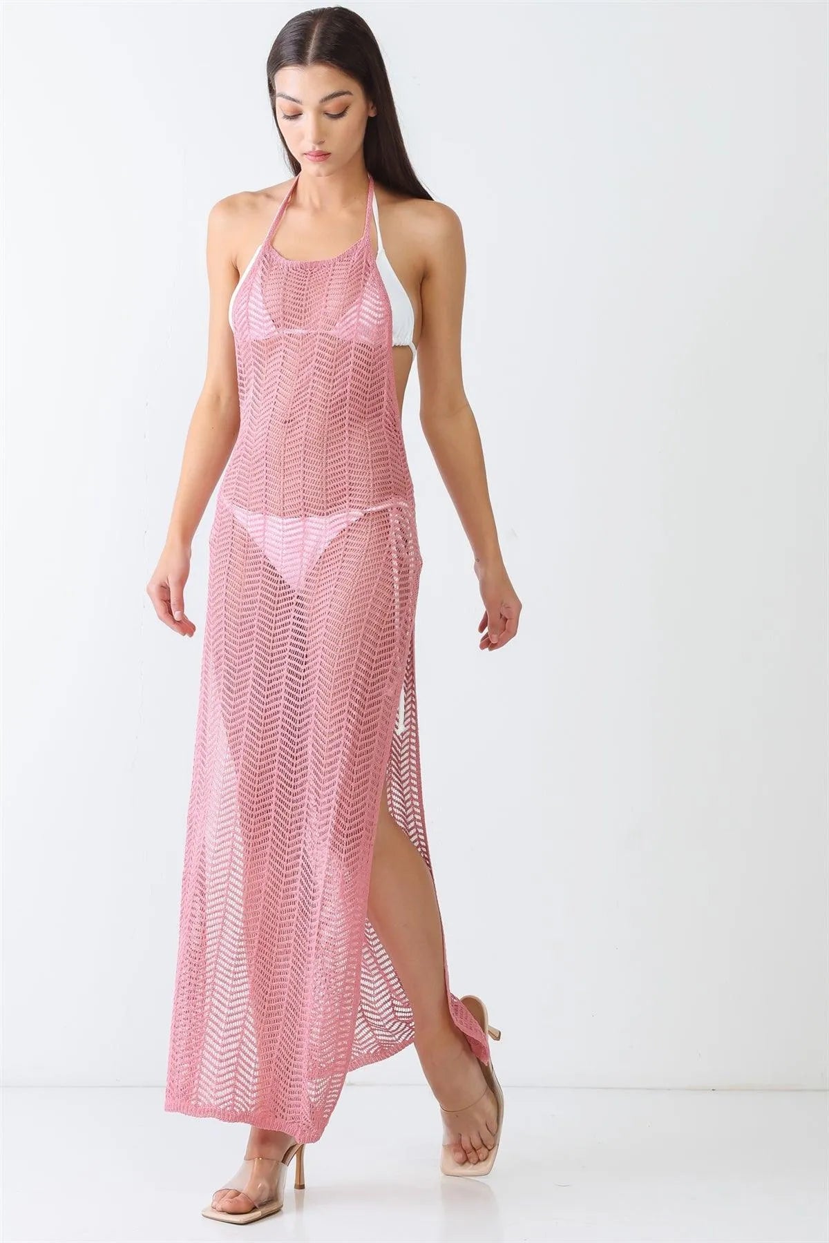 Mauve Knit Crochet Lace Sheer Sleeveless Halter Neck Open Back Maxi Dress /4-2-1 - Tasha Apparel Wholesale