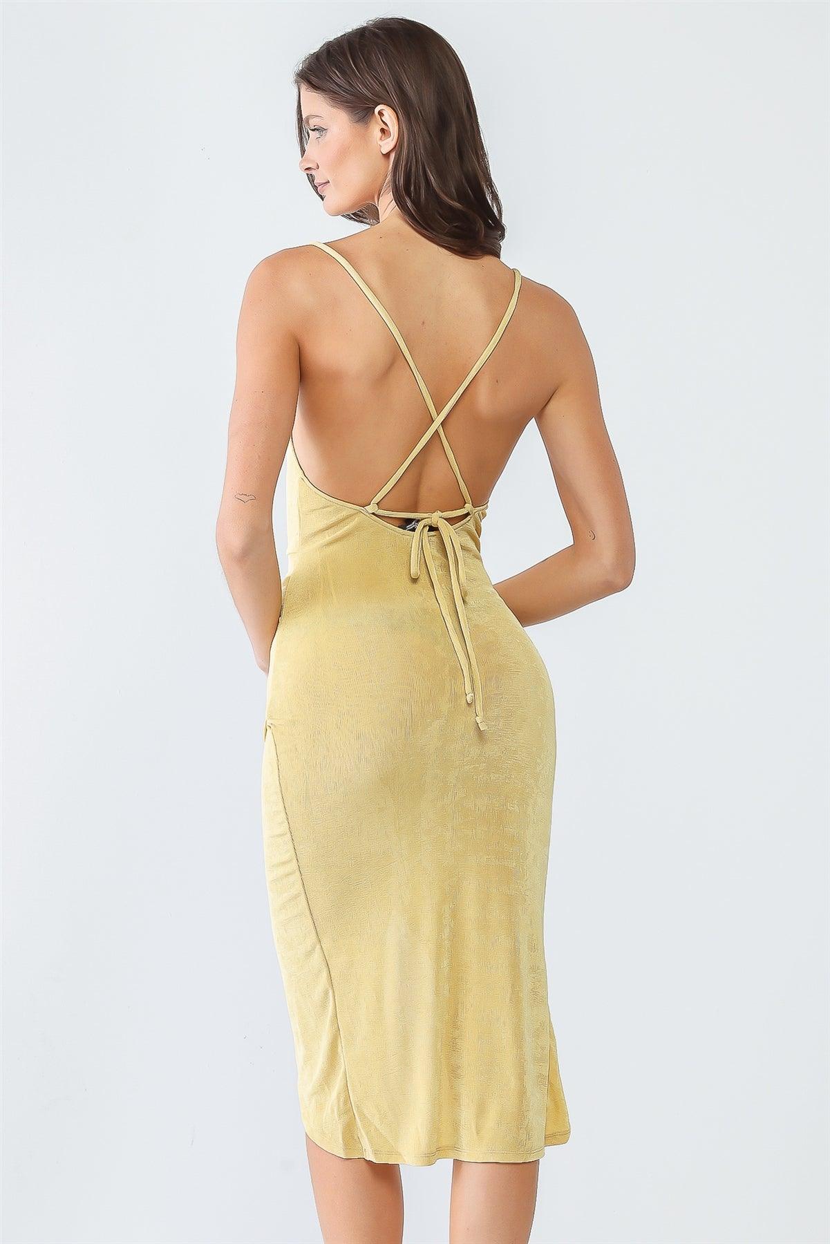 Light Mustard Cowl Neck Strappy Wrap Hem Midi Dress /3-2-1