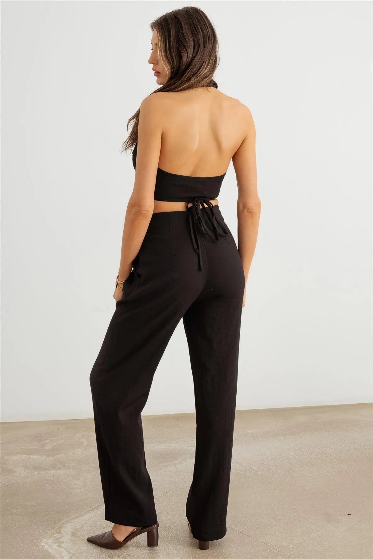 Collar Neck Wrap Drawstring Hem Top & Pleated High Waist Pants Set - Tasha Apparel Wholesale