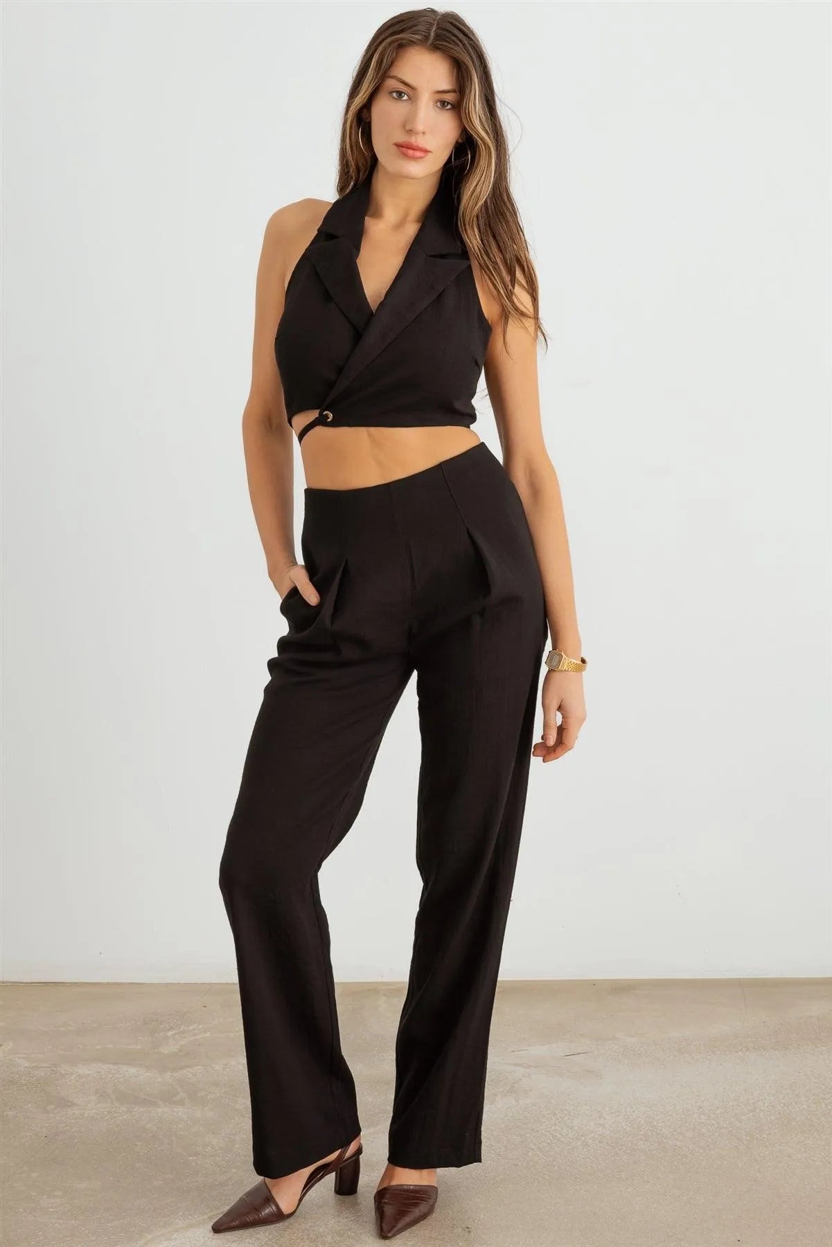 Collar Neck Wrap Drawstring Hem Top & Pleated High Waist Pants Set - Tasha Apparel Wholesale