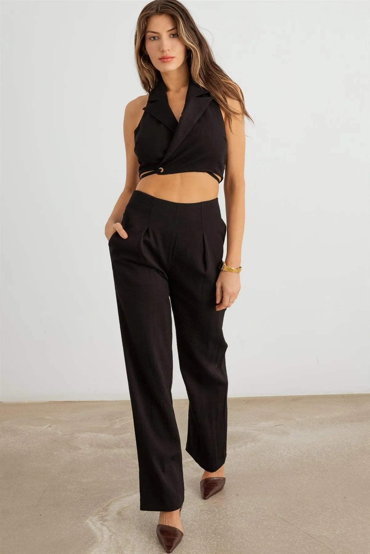 Collar Neck Wrap Drawstring Hem Top & Pleated High Waist Pants Set - Tasha Apparel Wholesale