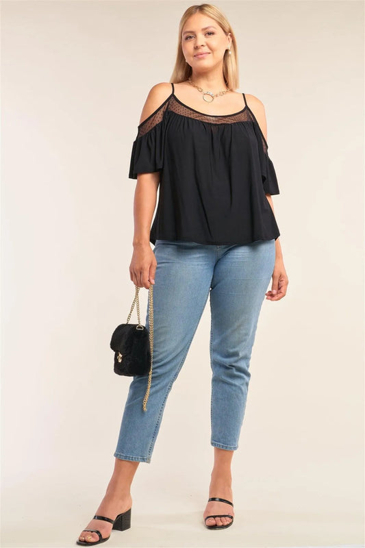 Junior Plus Size Black Relaxed Fit Off-The-Shoulder Polka Dot Mesh Hem Babydoll Top /2-2-2 - Tasha Apparel Wholesale